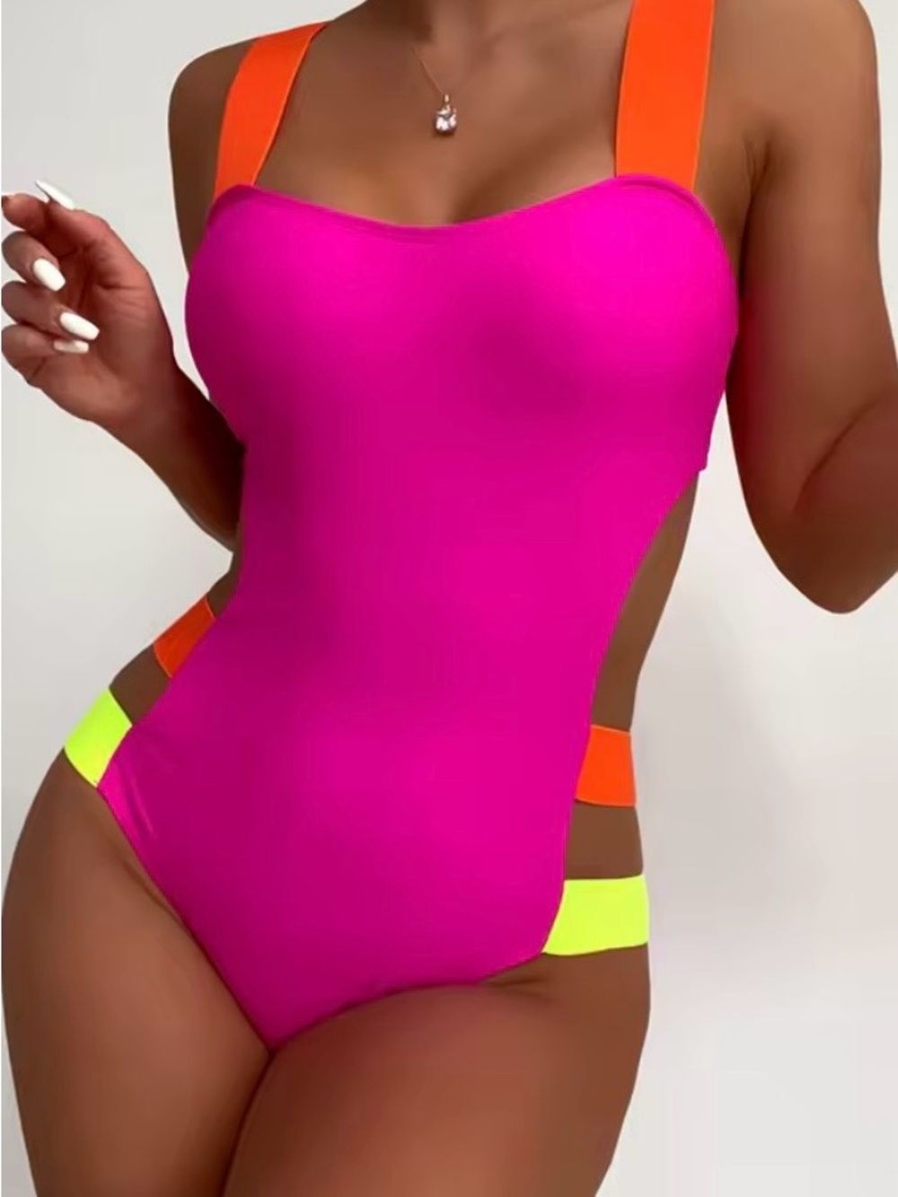 Sold out SHEIN Hot Pink One-Piece Swimsuit with Orange and Neon Yellow Straps
